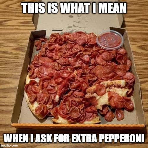 Pepperoni | THIS IS WHAT I MEAN; WHEN I ASK FOR EXTRA PEPPERONI | image tagged in food | made w/ Imgflip meme maker