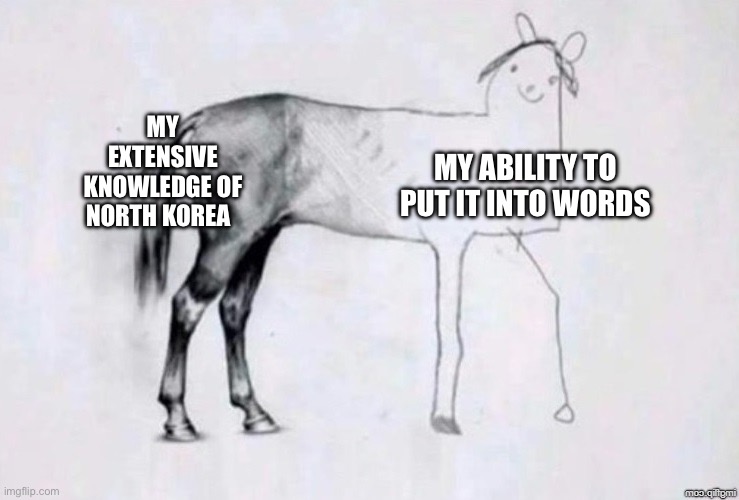 Horse Drawing | MY EXTENSIVE KNOWLEDGE OF NORTH KOREA; MY ABILITY TO PUT IT INTO WORDS | image tagged in horse drawing | made w/ Imgflip meme maker