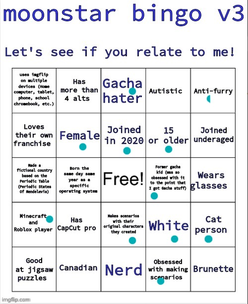 My bingo results (Please don't hate me, moonstar) | image tagged in moonstar bingo v3 | made w/ Imgflip meme maker