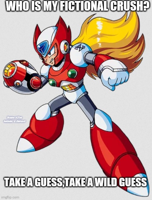 Guess Who My Fictional Crush is! | WHO IS MY FICTIONAL CRUSH? Screw it,The Answer is Obvious; TAKE A GUESS,TAKE A WILD GUESS | image tagged in zero rockman | made w/ Imgflip meme maker