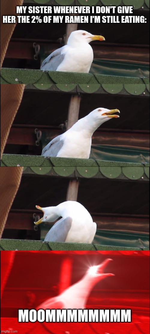 Inhaling Seagull | MY SISTER WHENEVER I DON'T GIVE HER THE 2% OF MY RAMEN I'M STILL EATING:; MOOMMMMMMMM | image tagged in memes,inhaling seagull | made w/ Imgflip meme maker