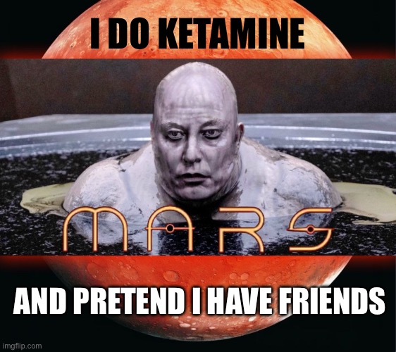 Elon musk ketamine nightmare | I DO KETAMINE; AND PRETEND I HAVE FRIENDS | image tagged in elon musk ketamine fantasy nightmare | made w/ Imgflip meme maker