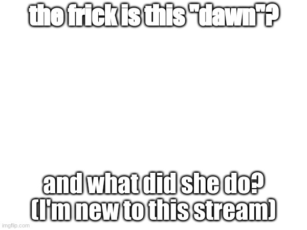 no context | the frick is this "dawn"? and what did she do? (I'm new to this stream) | image tagged in huh,why u readin dis,stop reading the tags,you have been eternally cursed for reading the tags,krill issue | made w/ Imgflip meme maker