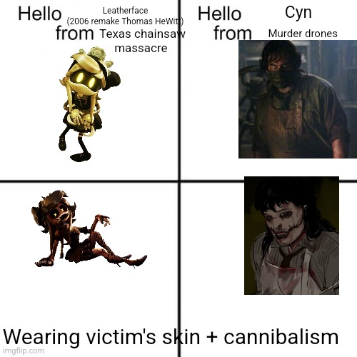 Coincidence? I t h I n k n o t (I definitely don't simp him) | Leatherface
(2006 remake Thomas HeWitt); Cyn; Texas chainsaw massacre; Murder drones; Wearing victim's skin + cannibalism | image tagged in hello person from,murder drones,texas chainsaw massacre,guys i have a theory | made w/ Imgflip meme maker