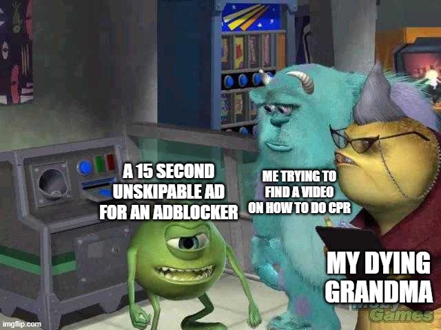 meme | ME TRYING TO FIND A VIDEO ON HOW TO DO CPR; A 15 SECOND UNSKIPABLE AD FOR AN ADBLOCKER; MY DYING GRANDMA | image tagged in mike wazowski trying to explain | made w/ Imgflip meme maker