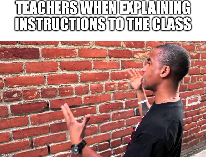 Talking to wall | TEACHERS WHEN EXPLAINING INSTRUCTIONS TO THE CLASS | image tagged in talking to wall | made w/ Imgflip meme maker