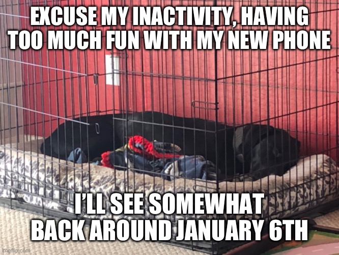 EXCUSE MY INACTIVITY, HAVING TOO MUCH FUN WITH MY NEW PHONE; I’LL SEE SOMEWHAT BACK AROUND JANUARY 6TH | made w/ Imgflip meme maker