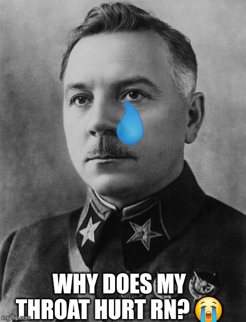 Kliment Voroshilov | WHY DOES MY THROAT HURT RN? ? | image tagged in kliment voroshilov | made w/ Imgflip meme maker