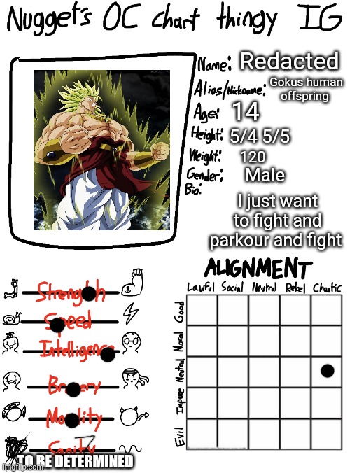 Nugget’s OC Chart Thingy IG | Redacted; Gokus human offspring; 14; 5/4 5/5; 120; Male; I just want to fight and parkour and fight; TO BE DETERMINED | image tagged in nugget s oc chart thingy ig | made w/ Imgflip meme maker