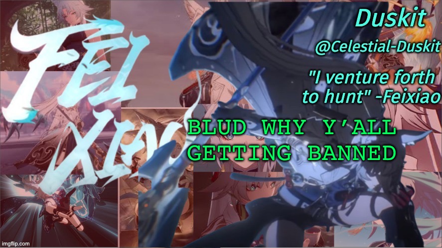 Why are site mods doing weird things | BLUD WHY Y’ALL GETTING BANNED | image tagged in duskit's feixiao template | made w/ Imgflip meme maker
