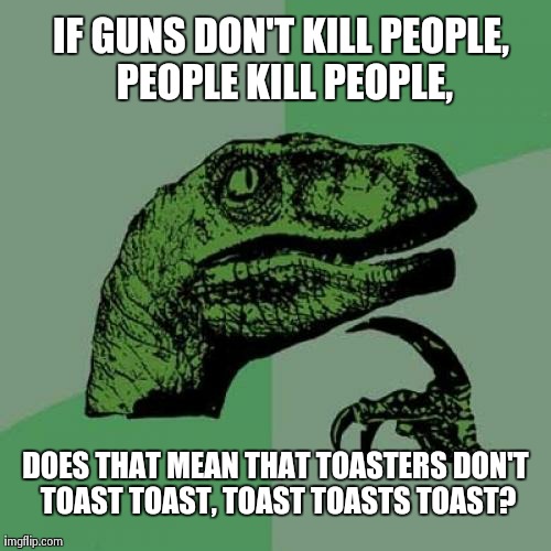 Toast Toasts Toast | IF GUNS DON'T KILL PEOPLE, PEOPLE KILL PEOPLE, DOES THAT MEAN THAT TOASTERS DON'T TOAST TOAST, TOAST TOASTS TOAST? | image tagged in memes,philosoraptor | made w/ Imgflip meme maker