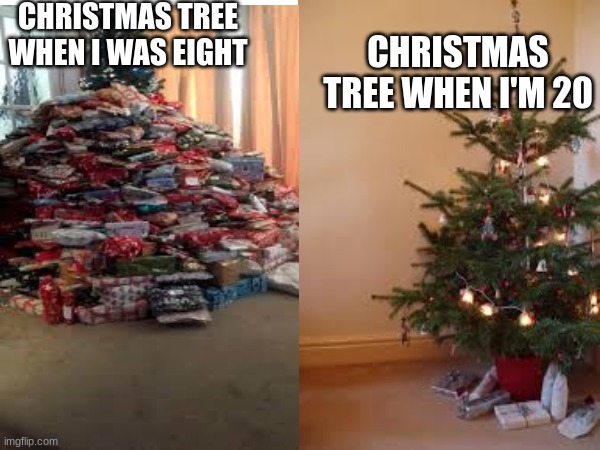 christmas older and younger | CHRISTMAS TREE WHEN I WAS EIGHT; CHRISTMAS TREE WHEN I'M 20 | image tagged in christmas,christmas tree,presents | made w/ Imgflip meme maker