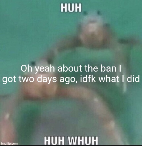 Huh huh whuh | Oh yeah about the ban I got two days ago, idfk what I did | image tagged in huh huh whuh | made w/ Imgflip meme maker