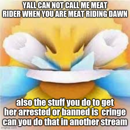 b | YALL CAN NOT CALL ME MEAT RIDER WHEN YOU ARE MEAT RIDING DAWN; also the stuff you do to get her arrested or banned is  cringe can you do that in another stream | made w/ Imgflip meme maker