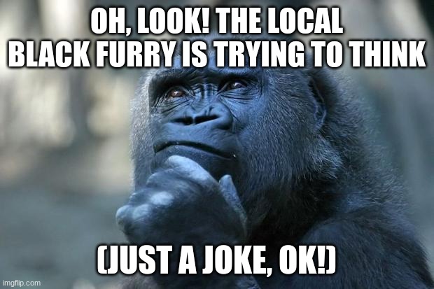 I can change it if it's too offensive. | OH, LOOK! THE LOCAL BLACK FURRY IS TRYING TO THINK; (JUST A JOKE, OK!) | image tagged in deep thoughts | made w/ Imgflip meme maker