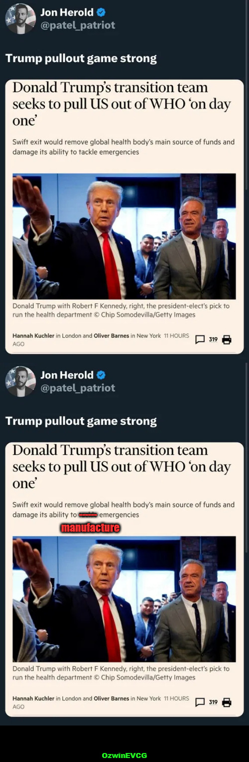 ([T] vs [M]) | ------; manufacture; OzwinEVCG | image tagged in donald trump,world health organization,covid,world occupied,pandemics,msm lies | made w/ Imgflip meme maker