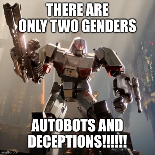 Megatron | THERE ARE ONLY TWO GENDERS; AUTOBOTS AND DECEPTIONS!!!!!! | image tagged in megatron | made w/ Imgflip meme maker