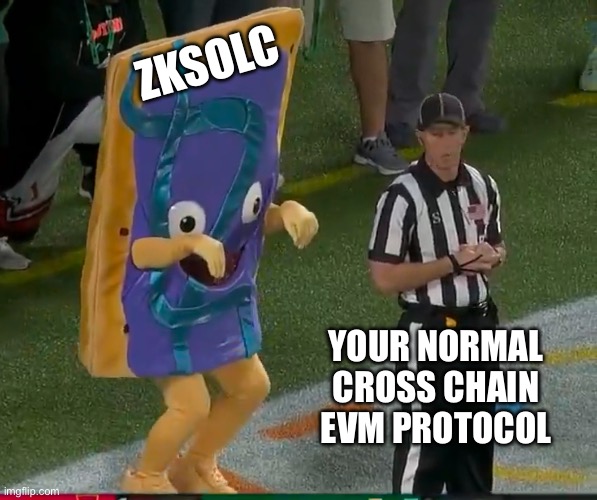 Sneaky poptart and ref | ZKSOLC; YOUR NORMAL CROSS CHAIN EVM PROTOCOL | image tagged in poptart,referee,sneaky | made w/ Imgflip meme maker