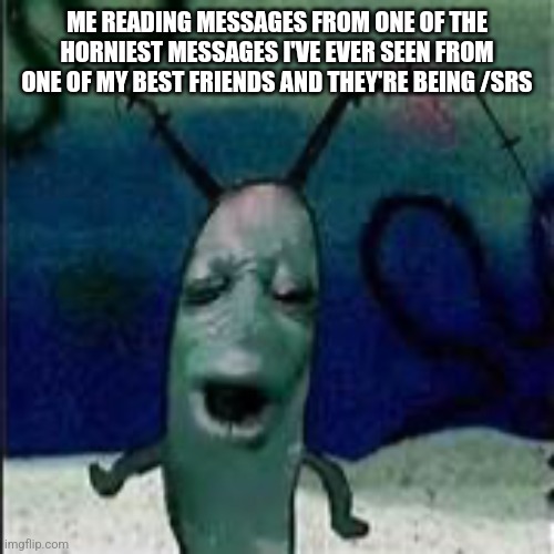 Plankton gets served | ME READING MESSAGES FROM ONE OF THE HORNIEST MESSAGES I'VE EVER SEEN FROM ONE OF MY BEST FRIENDS AND THEY'RE BEING /SRS | image tagged in plankton gets served | made w/ Imgflip meme maker