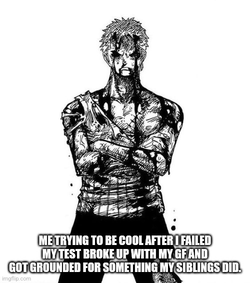 ME WHEN I TRY | ME TRYING TO BE COOL AFTER I FAILED MY TEST BROKE UP WITH MY GF AND GOT GROUNDED FOR SOMETHING MY SIBLINGS DID. | image tagged in zoro nothing happened | made w/ Imgflip meme maker