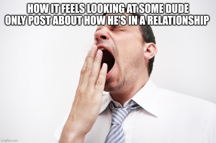 yawn | HOW IT FEELS LOOKING AT SOME DUDE ONLY POST ABOUT HOW HE'S IN A RELATIONSHIP | image tagged in yawn | made w/ Imgflip meme maker