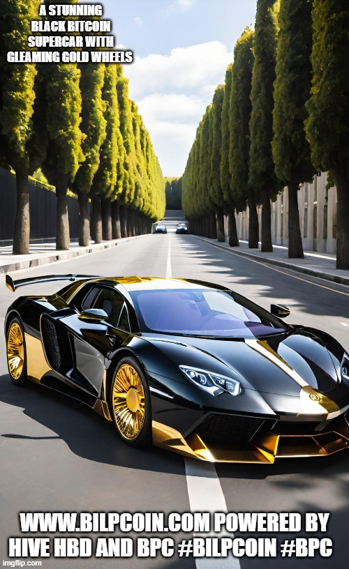 A STUNNING BLACK BITCOIN SUPERCAR WITH GLEAMING GOLD WHEELS; WWW.BILPCOIN.COM POWERED BY HIVE HBD AND BPC #BILPCOIN #BPC | made w/ Imgflip meme maker