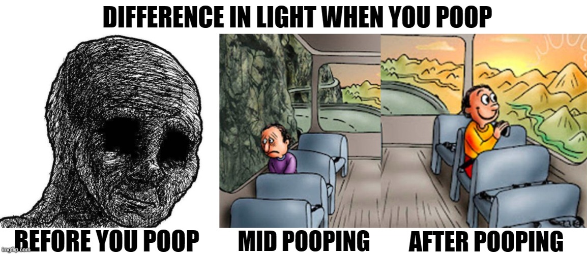 poopy phenomenon | DIFFERENCE IN LIGHT WHEN YOU POOP; BEFORE YOU POOP; MID POOPING; AFTER POOPING | image tagged in memes,funny memes | made w/ Imgflip meme maker