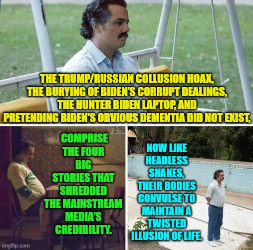 Will they recover?  Can their parent companies afford to continue funding them? | THE TRUMP/RUSSIAN COLLUSION HOAX, THE BURYING OF BIDEN’S CORRUPT DEALINGS, THE HUNTER BIDEN LAPTOP, AND PRETENDING BIDEN'S OBVIOUS DEMENTIA DID NOT EXIST, COMPRISE THE FOUR BIG STORIES THAT SHREDDED THE MAINSTREAM MEDIA’S CREDIBILITY. NOW LIKE HEADLESS SNAKES, THEIR BODIES CONVULSE TO MAINTAIN A TWISTED ILLUSION OF LIFE. | image tagged in sad pablo escobar | made w/ Imgflip meme maker