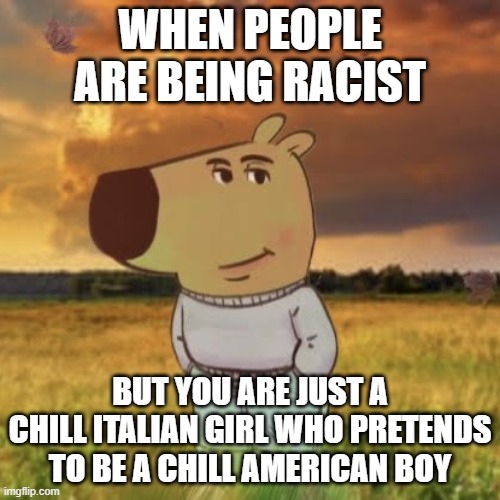 any italian here??? and also...AM I THE ONLY GIRL HERE??? | WHEN PEOPLE ARE BEING RACIST; BUT YOU ARE JUST A CHILL ITALIAN GIRL WHO PRETENDS TO BE A CHILL AMERICAN BOY | image tagged in chill guy | made w/ Imgflip meme maker