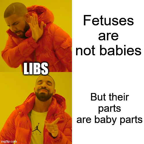 Drake Hotline Bling Meme | Fetuses are not babies But their parts are baby parts LIBS | image tagged in memes,drake hotline bling | made w/ Imgflip meme maker