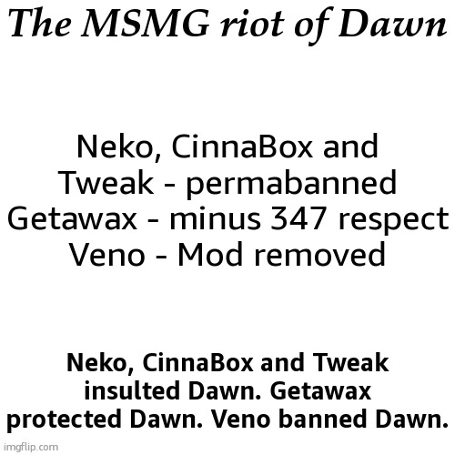 drama document | Neko, CinnaBox and Tweak - permabanned
Getawax - minus 347 respect
Veno - Mod removed; The MSMG riot of Dawn; Neko, CinnaBox and Tweak insulted Dawn. Getawax protected Dawn. Veno banned Dawn. | image tagged in drama document | made w/ Imgflip meme maker