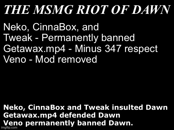 Blank Document (Dark Mode) | THE MSMG RIOT OF DAWN; Neko, CinnaBox, and Tweak - Permanently banned
Getawax.mp4 - Minus 347 respect
Veno - Mod removed; Neko, CinnaBox and Tweak insulted Dawn
Getawax.mp4 defended Dawn
Veno permanently banned Dawn. | image tagged in blank document dark mode | made w/ Imgflip meme maker