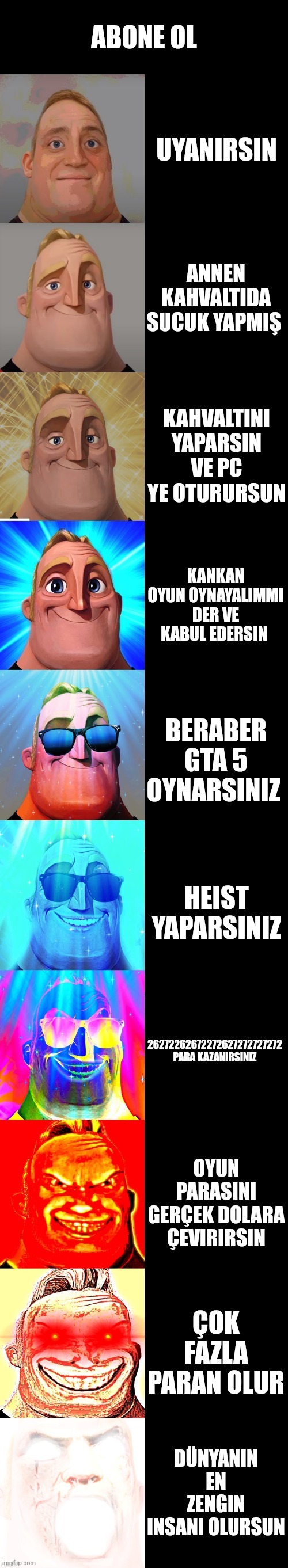 Abone ol | ABONE OL; UYANIRSIN; ANNEN KAHVALTIDA SUCUK YAPMIŞ; KAHVALTINI YAPARSIN VE PC YE OTURURSUN; KANKAN OYUN OYNAYALIMMI DER VE KABUL EDERSIN; BERABER GTA 5 OYNARSINIZ; HEIST YAPARSINIZ; 26272262672272627272727272 PARA KAZANIRSINIZ; OYUN PARASINI GERÇEK DOLARA ÇEVIRIRSIN; ÇOK FAZLA PARAN OLUR; DÜNYANIN EN ZENGIN INSANI OLURSUN | image tagged in mr incredible becoming canny | made w/ Imgflip meme maker