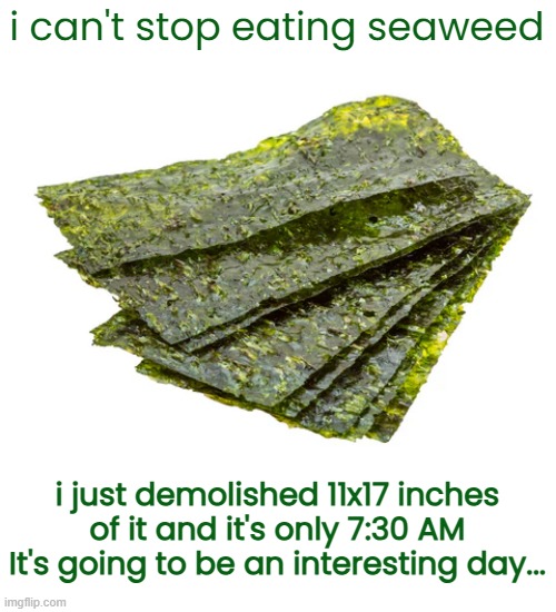 Seaweed snacks are my new thing. | i can't stop eating seaweed; i just demolished 11x17 inches of it and it's only 7:30 AM It's going to be an interesting day... | image tagged in memes,food phases,seaweed | made w/ Imgflip meme maker