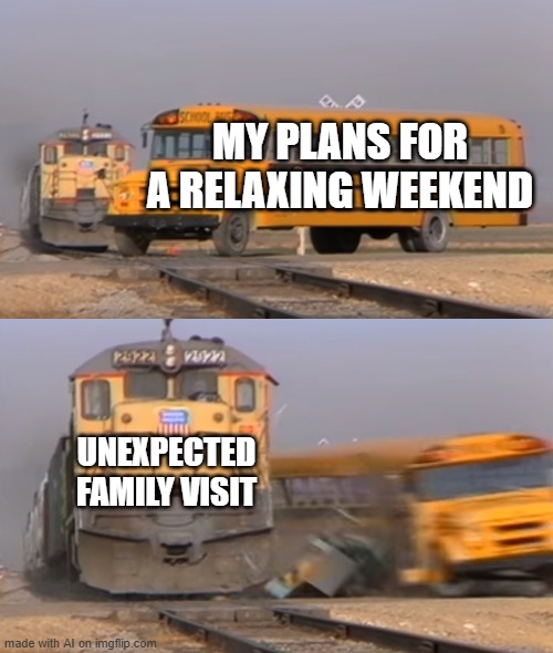 Typical | MY PLANS FOR A RELAXING WEEKEND; UNEXPECTED FAMILY VISIT | image tagged in a train hitting a school bus | made w/ Imgflip meme maker