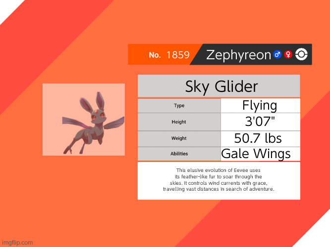 Continuing the SW/SH Pokédex trend! | 1859; Zephyreon; Sky Glider; Flying; 3'07"; 50.7 lbs; Gale Wings; This elusive evolution of Eevee uses its feather-like fur to soar through the skies. It controls wind currents with grace, travelling vast distances in search of adventure. | image tagged in blank pokemon swsh pokedex | made w/ Imgflip meme maker