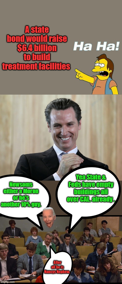 A state bond would raise $6.4 billion to build treatment facilities; Yea State & Feds have empty buildings all over CAL. already . Newsoms either a Moron or he's another 10% guy. After all he is Nancys Nephew. | image tagged in scheming gavin newsom | made w/ Imgflip meme maker