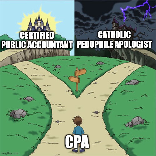 One is a totga career that i wanted to shift to (alongside IT and HRM) and the other is look it up on Urban | CATHOLIC PEDOPHILE APOLOGIST; CERTIFIED PUBLIC ACCOUNTANT; CPA | image tagged in two paths,memes,urban dictionary,wtf,career | made w/ Imgflip meme maker