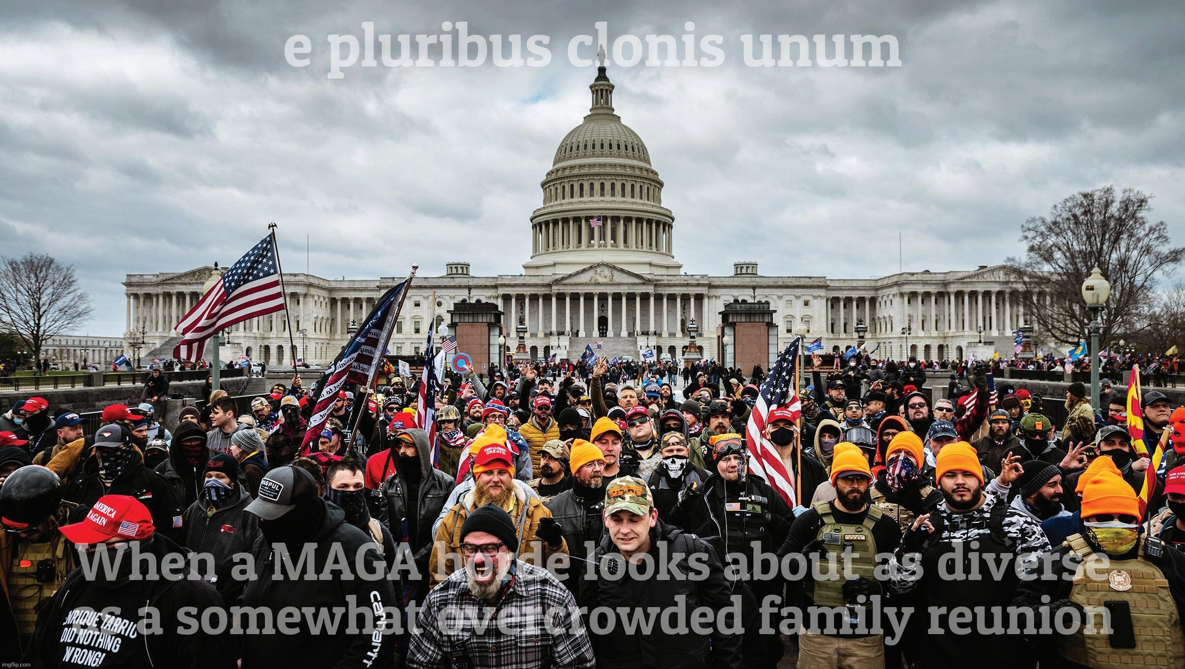 e pluribus clonis unum When a MAGA horde looks about as diverse
as a somewhat overcrowded family reunion | image tagged in january 6th,capitol hill riot,capital riot,e pluribus clonis unum | made w/ Imgflip meme maker