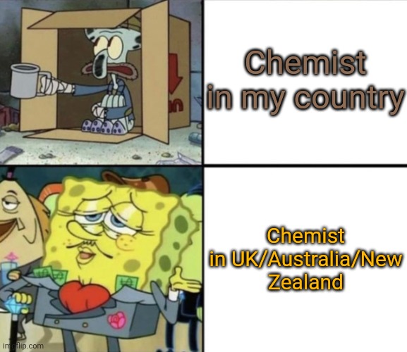 For context: Chemist is Pharmacist in Commonwealth countries | Chemist in my country; Chemist in UK/Australia/New Zealand | image tagged in poor squidward vs rich spongebob,funny,chemist,pharmacy,know the difference | made w/ Imgflip meme maker