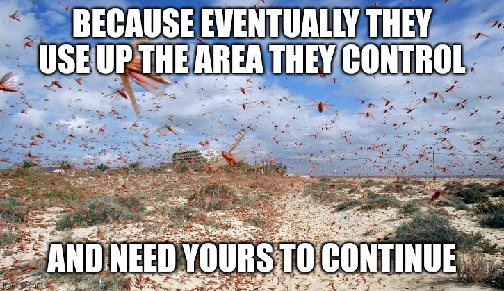 Locusts coming for you | BECAUSE EVENTUALLY THEY USE UP THE AREA THEY CONTROL AND NEED YOURS TO CONTINUE | image tagged in locusts coming for you | made w/ Imgflip meme maker