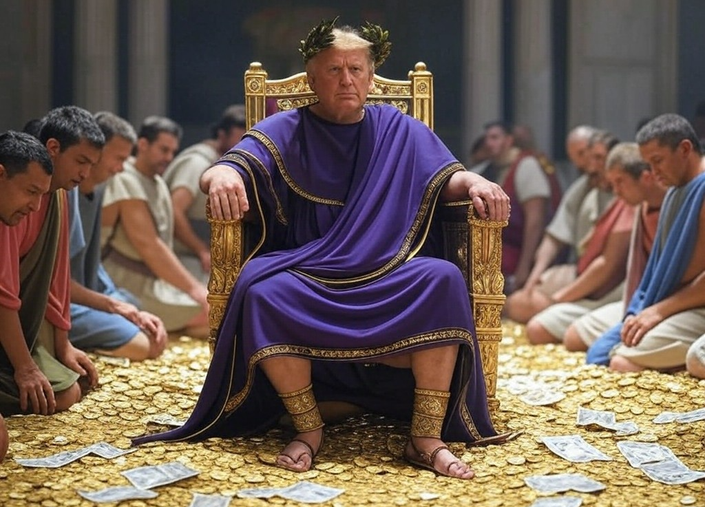 Donald Trump King Caesar money gold kneeling worshipers Blank Meme Template