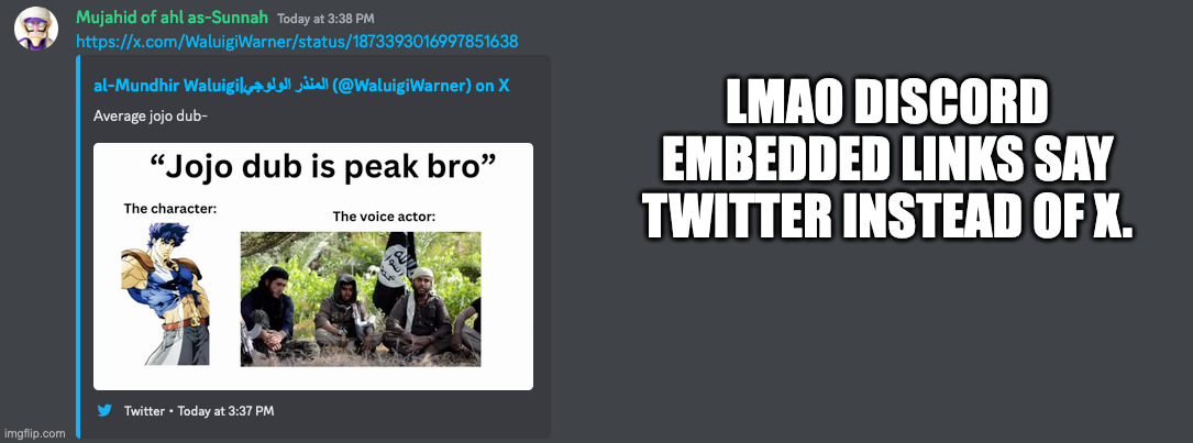 W or L? | LMAO DISCORD EMBEDDED LINKS SAY TWITTER INSTEAD OF X. | made w/ Imgflip meme maker