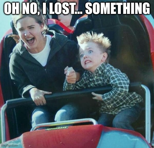 kid with mother on roller coaster | OH NO, I LOST... SOMETHING | image tagged in kid with mother on roller coaster | made w/ Imgflip meme maker