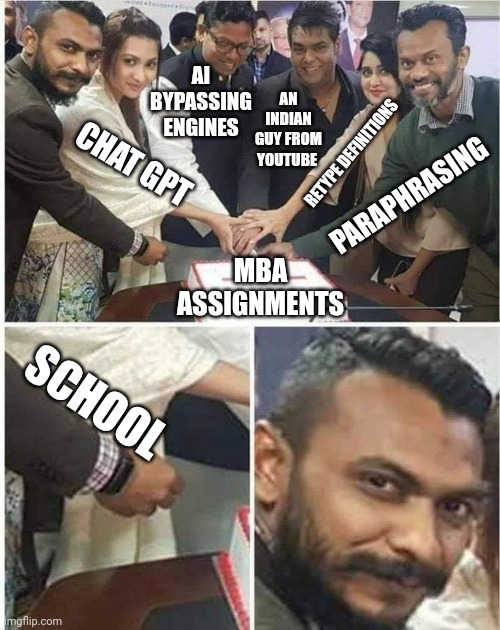 People cutting cake | AI BYPASSING ENGINES; AN INDIAN GUY FROM YOUTUBE; CHAT GPT; RETYPE DEFINITIONS; PARAPHRASING; MBA ASSIGNMENTS; SCHOOL | image tagged in people cutting cake | made w/ Imgflip meme maker