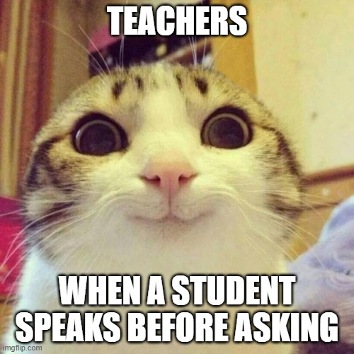 Smiling Cat | TEACHERS; WHEN A STUDENT SPEAKS BEFORE ASKING | image tagged in memes,smiling cat | made w/ Imgflip meme maker