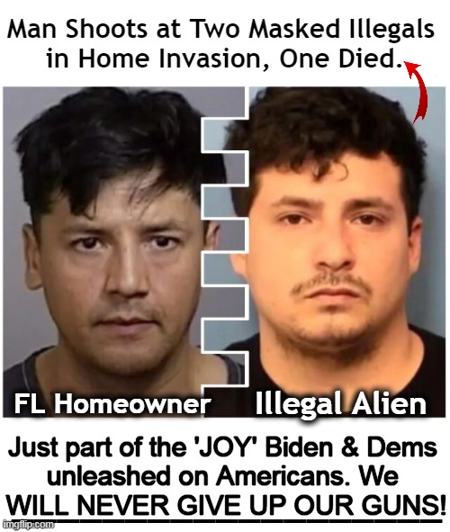 “This is the state of Florida. If you want to break into someone’s home, you should expect to be shot.” Sheriff | Man Shoots at Two Masked Illegals 
in Home Invasion, One Died. Illegal Alien; FL Homeowner; Just part of the 'JOY' Biden & Dems 
unleashed on Americans. We 
WILL NEVER GIVE UP OUR GUNS! ___________________ | image tagged in florida man,home,owner,never give up,guns,good guy with a gun | made w/ Imgflip meme maker