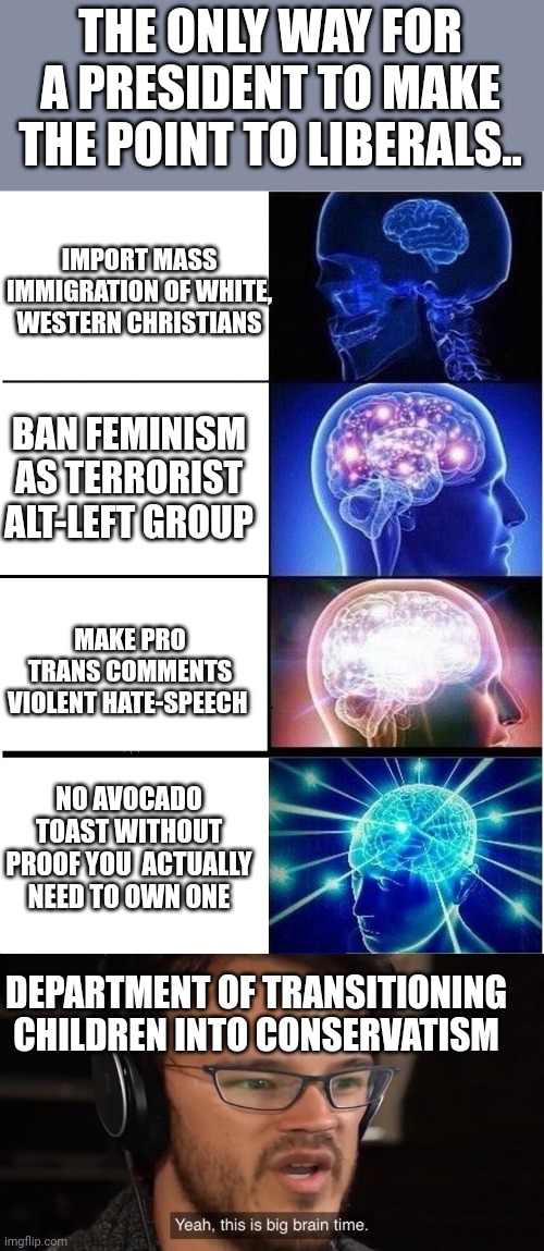 Will the introspection be lost on them? Only 1 way to find out.. | THE ONLY WAY FOR A PRESIDENT TO MAKE THE POINT TO LIBERALS.. IMPORT MASS IMMIGRATION OF WHITE, WESTERN CHRISTIANS; BAN FEMINISM AS TERRORIST ALT-LEFT GROUP; MAKE PRO TRANS COMMENTS VIOLENT HATE-SPEECH; NO AVOCADO TOAST WITHOUT PROOF YOU  ACTUALLY NEED TO OWN ONE; DEPARTMENT OF TRANSITIONING CHILDREN INTO CONSERVATISM | image tagged in memes,expanding brain,yeah this is big brain time | made w/ Imgflip meme maker