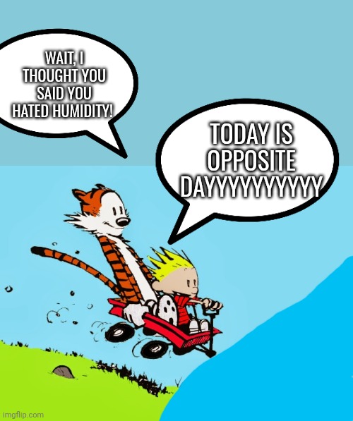 calvin and hobbes in wagon | WAIT, I THOUGHT YOU SAID YOU HATED HUMIDITY! TODAY IS OPPOSITE DAYYYYYYYYYY | image tagged in calvin and hobbes in wagon | made w/ Imgflip meme maker