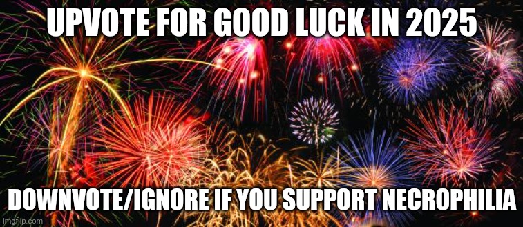 Colorful Fireworks | UPVOTE FOR GOOD LUCK IN 2025; DOWNVOTE/IGNORE IF YOU SUPPORT NECROPHILIA | image tagged in colorful fireworks | made w/ Imgflip meme maker